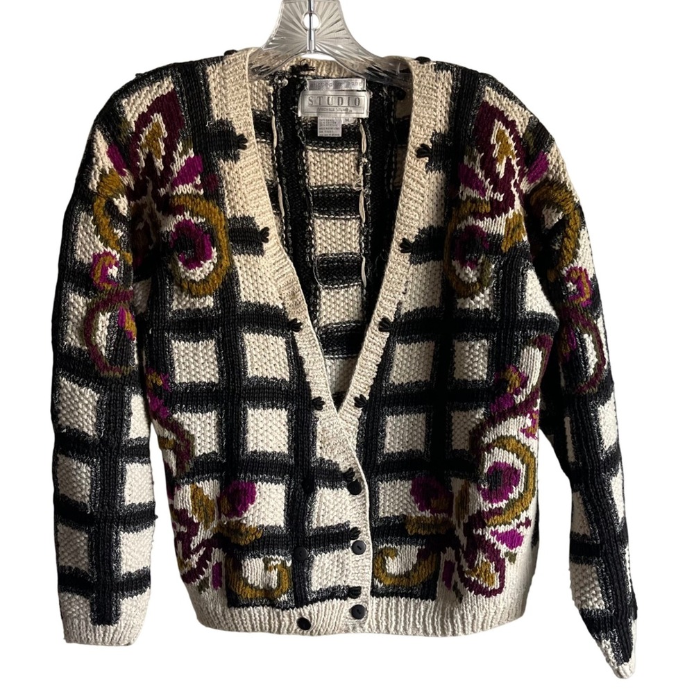 VTG‎ Studio Michelle Stuart Hand Knit Sweater M Floral Grid 80s 90s Art to Wear
